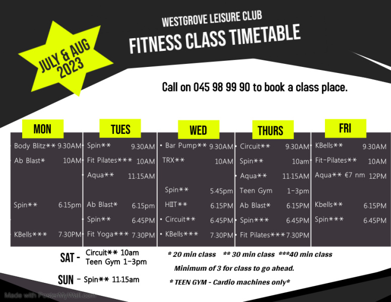 july and august 2023 gym timetable